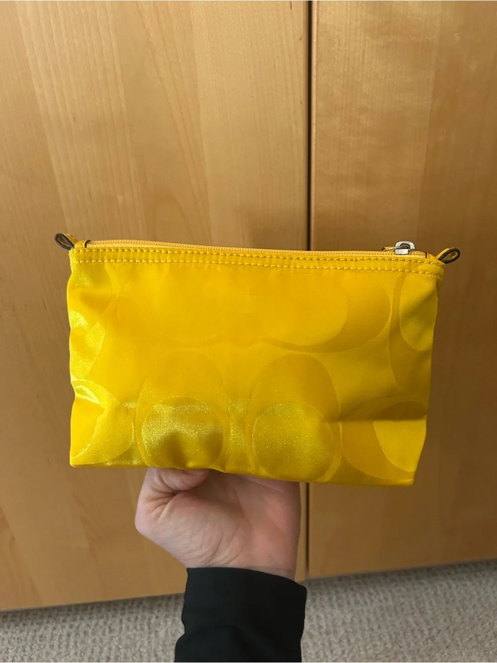 Coach Satin Signature Zip Pouch in Bright Yellow